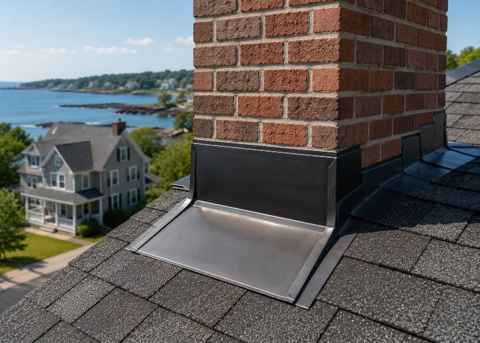 Base flashing installed at chimney bottom on shingle roof for waterproof seal